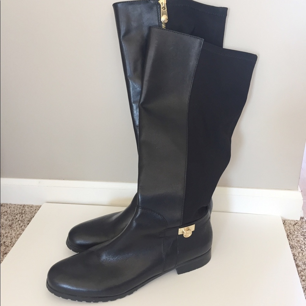 TAHARI black leather boots with gold details